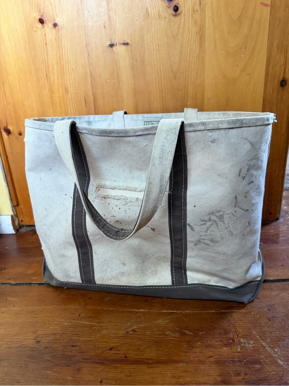 L.L. Bean Cream Canvas Duffel with Brown Trim